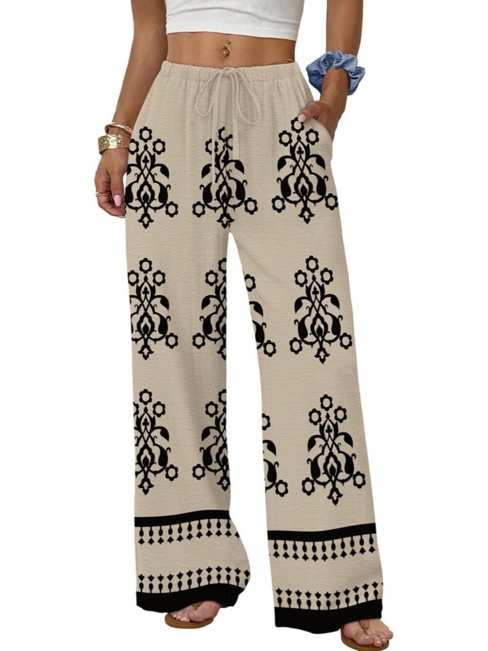 Wide Leg Pants for Women Flowy Palazzo Drawstring Elastic Waist Trousers with Po